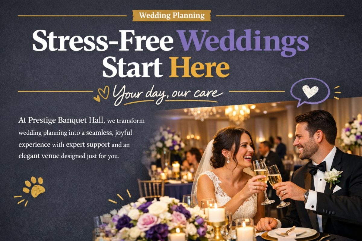 Bride and groom smiling at Prestige Banquet Hall ceremony